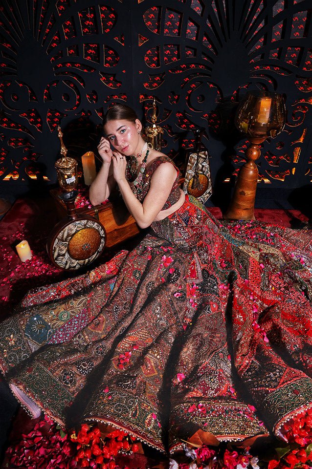 Antique Rose red Mandala lehenga set ( OM 105 )