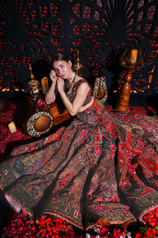 Antique Rose red Mandala lehenga set ( OM 105 )