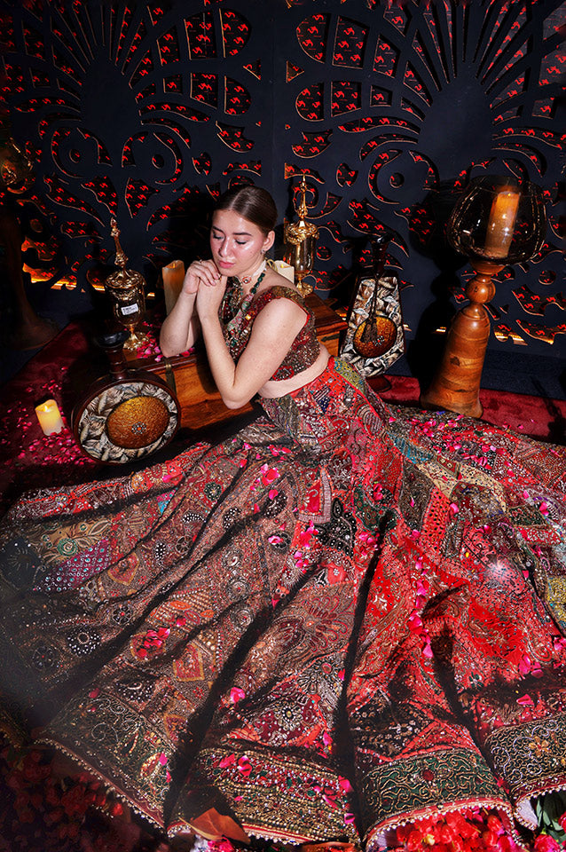 Antique Rose red Mandala lehenga set ( OM 105 )