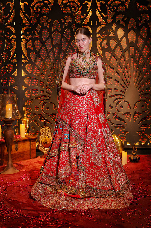 Red Multilateral Layering Lehenga,Choli & Dupatta ( 104 )