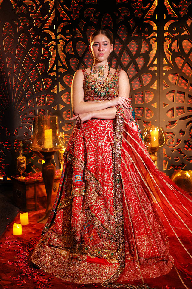 Red Multilateral Layering Lehenga,Choli & Dupatta ( 104 )
