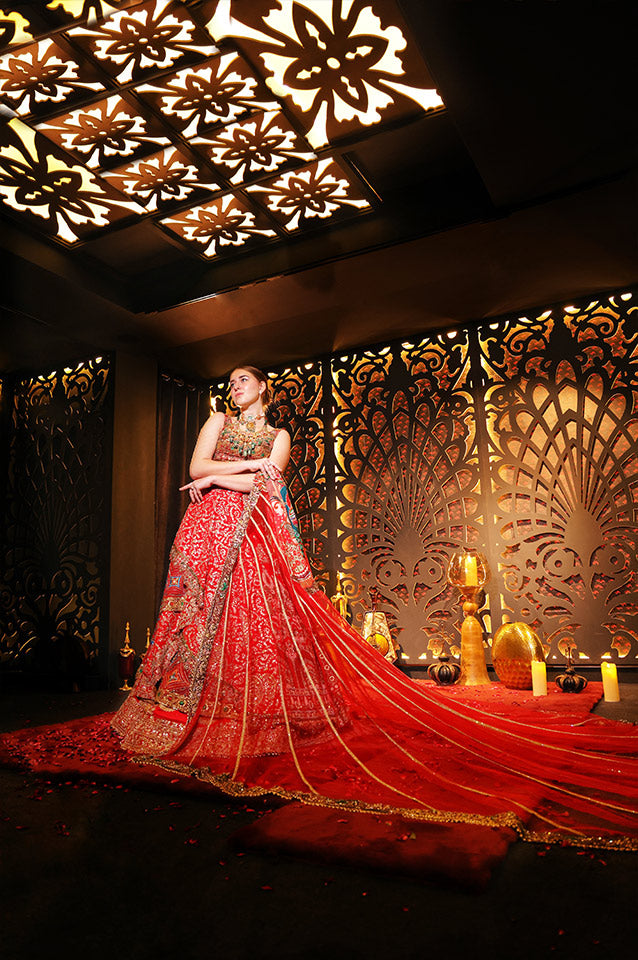 Red Multilateral Layering Lehenga,Choli & Dupatta ( 104 )