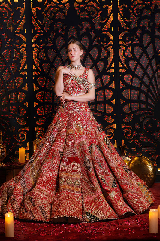 Cherry Red Rajwadha bridal lehenga set ( OM 106 )