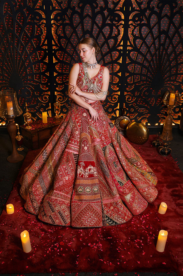 Cherry Red Rajwadha bridal lehenga set ( OM 106 )