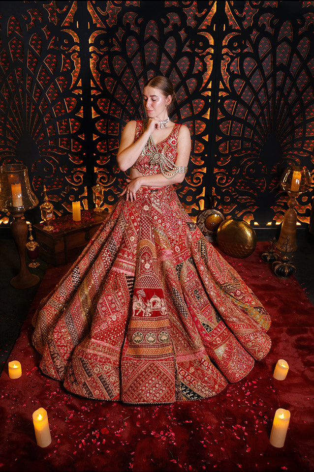Cherry Red Rajwadha bridal lehenga set ( OM 106 )