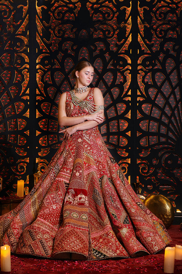 Cherry Red Rajwadha bridal lehenga set ( OM 106 )