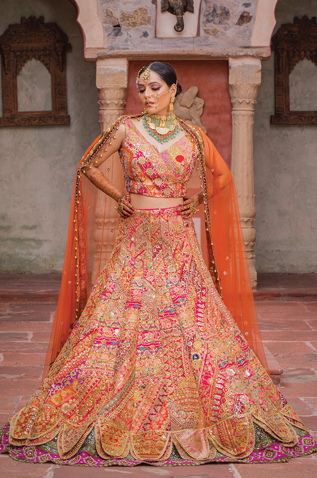 Lotus petalled Rajwadha bridal lehenga set ( OM 113 )