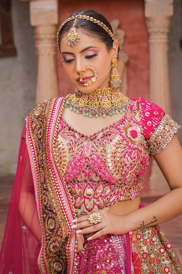 Fuschia pink multilateral layering lehenga set ( OM 116 )