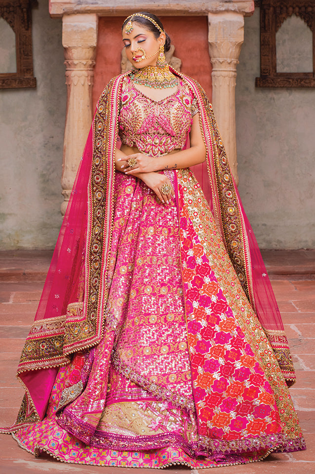 Fuschia pink multilateral layering lehenga set ( OM 116 )