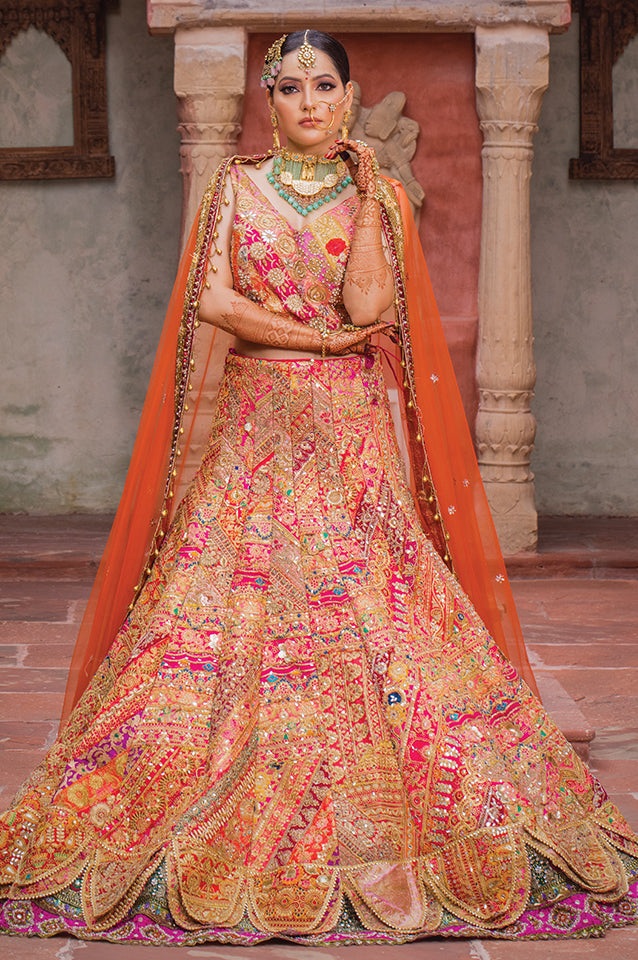 Lotus petalled Rajwadha bridal lehenga set ( OM 113 )