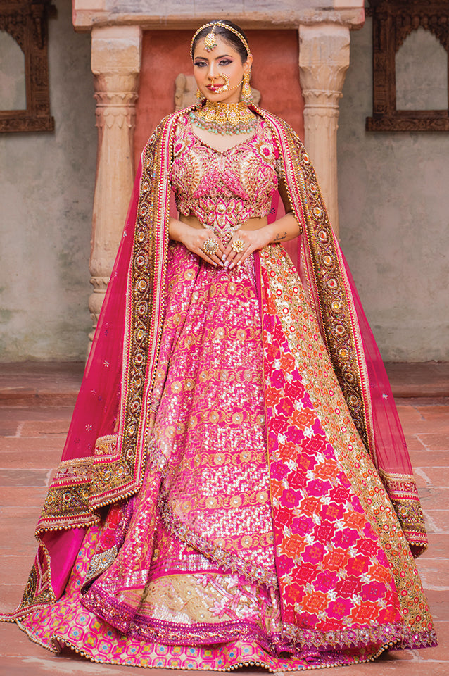 Fuschia pink multilateral layering lehenga set ( OM 116 )