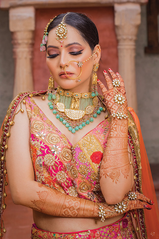 Lotus petalled Rajwadha bridal lehenga set ( OM 113 )