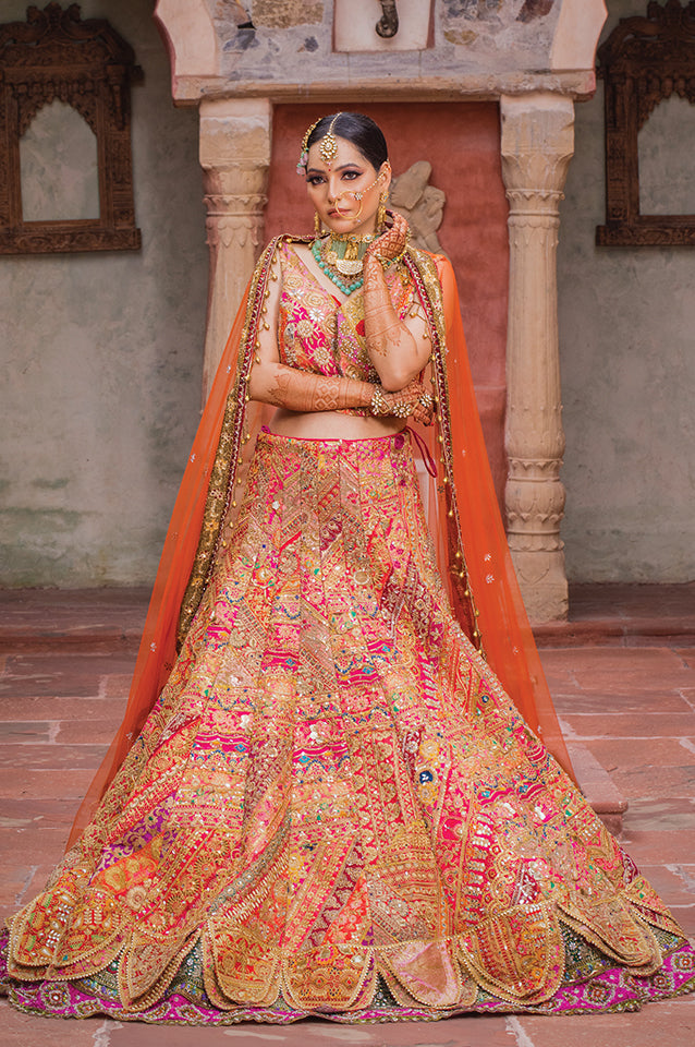 Lotus petalled Rajwadha bridal lehenga set ( OM 113 )