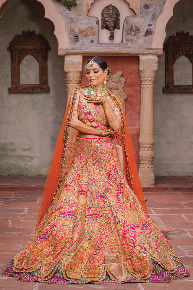 Lotus petalled Rajwadha bridal lehenga set ( OM 113 )