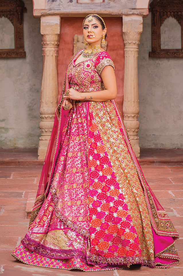 Fuschia pink multilateral layering lehenga set ( OM 116 )