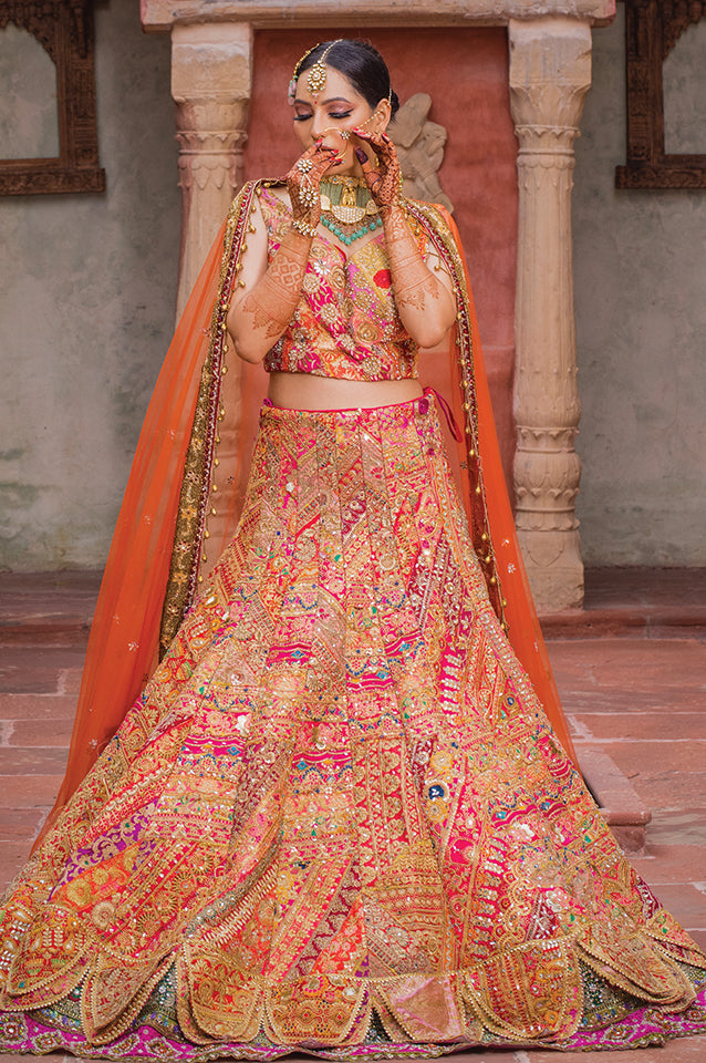 Lotus petalled Rajwadha bridal lehenga set ( OM 113 )