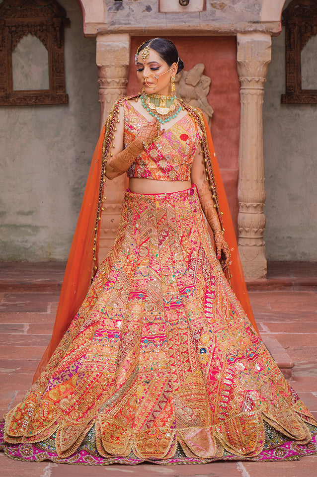 Lotus petalled Rajwadha bridal lehenga set ( OM 113 )