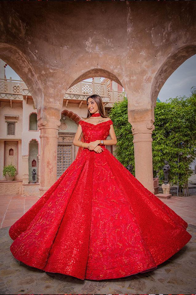 Cherry red corseted Ball Gown( OM 117 ) – Om By Bharti and Aashna