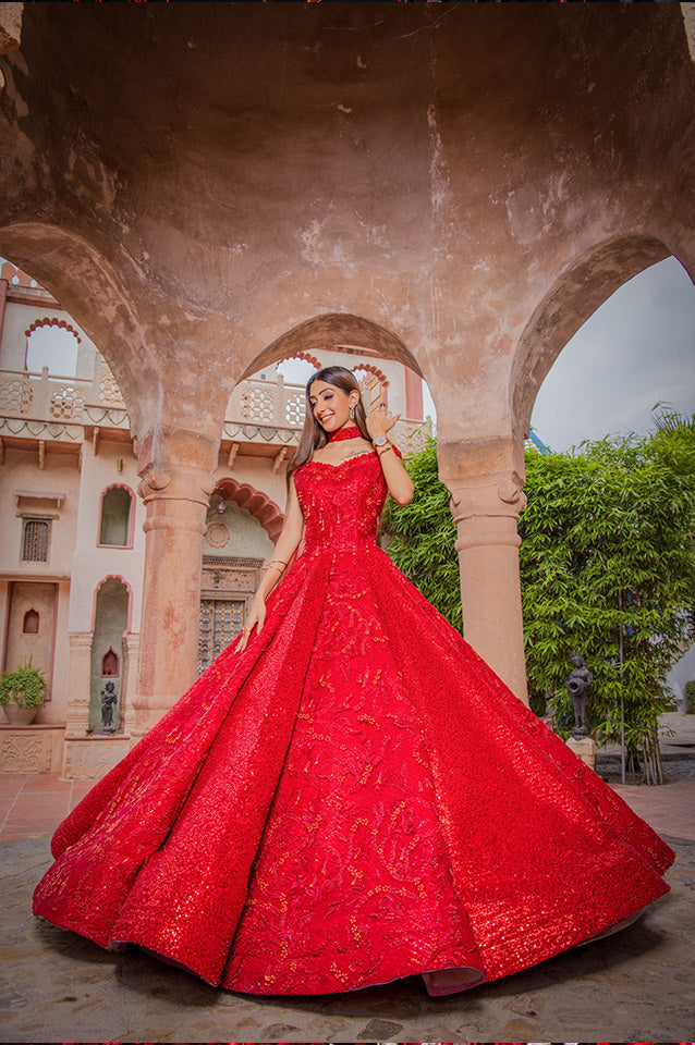 Cherry red corseted Ball Gown( OM 117 )