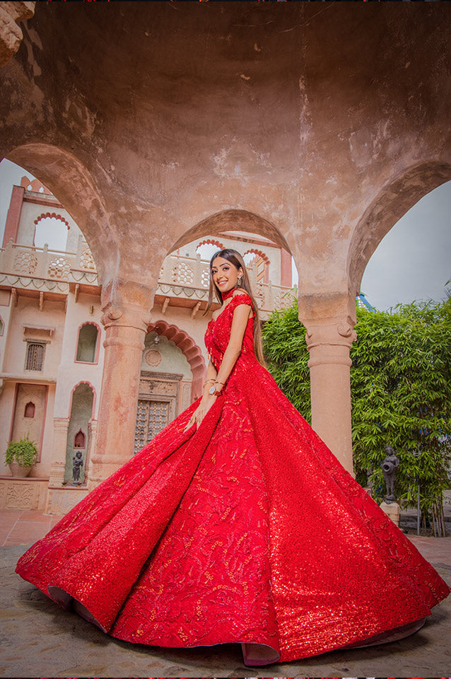 Cherry red corseted Ball Gown( OM 117 )