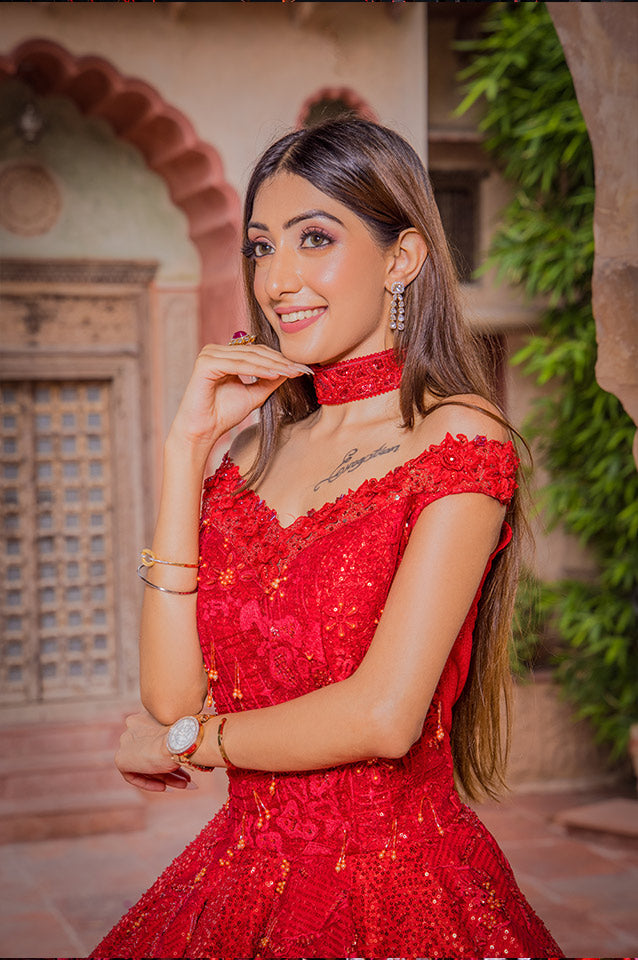 Cherry red corseted Ball Gown( OM 117 )