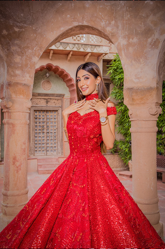 Cherry red corseted Ball Gown( OM 117 )