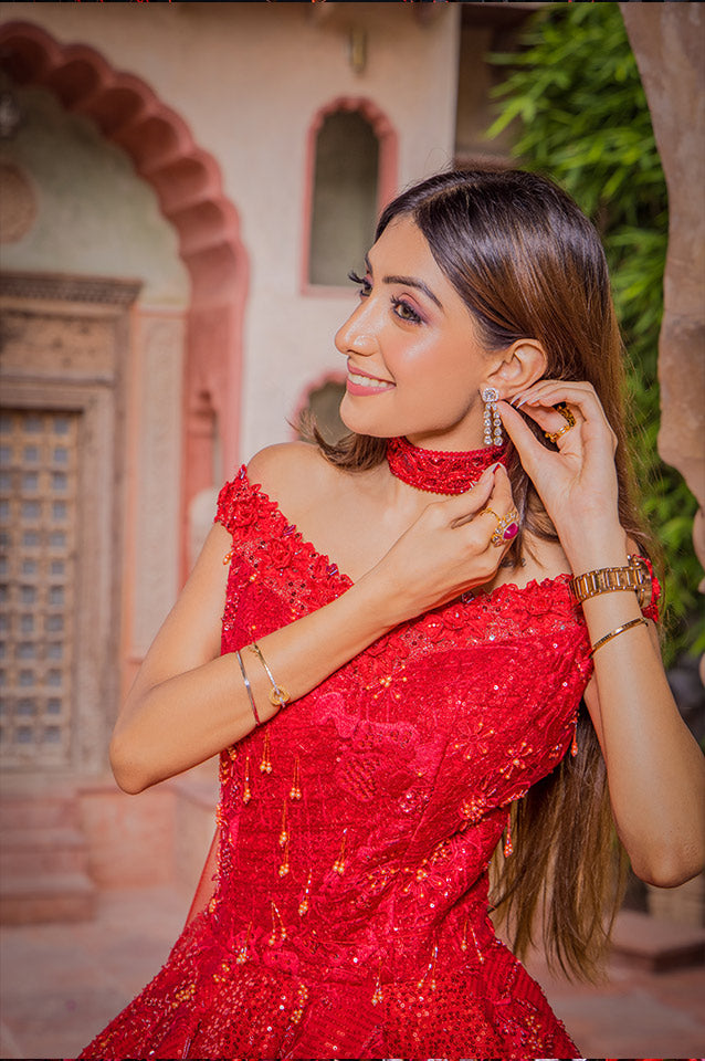Cherry red corseted Ball Gown( OM 117 )
