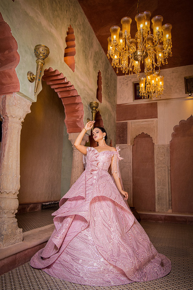 Salmon pink corseted Ball Gown( OM 121 )