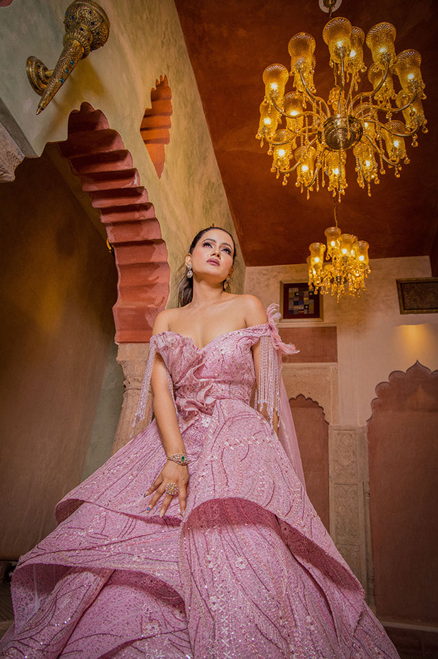 Salmon pink corseted Ball Gown( OM 121 )