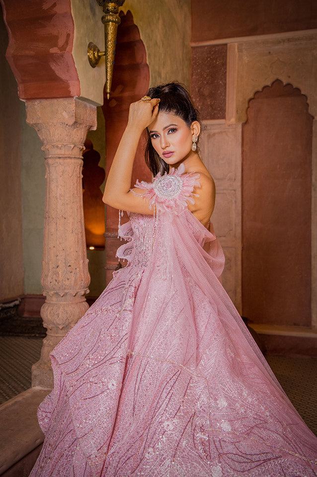 Salmon pink corseted Ball Gown( OM 121 )