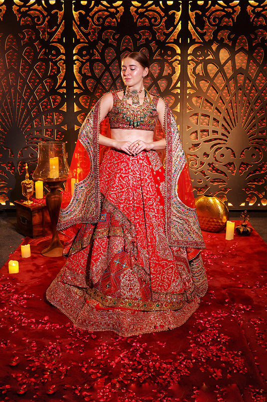 Red Multilateral Layering Lehenga,Choli & Dupatta ( 104 )