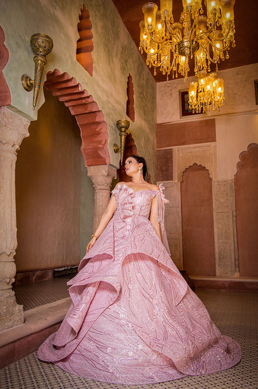 Salmon pink corseted Ball Gown( OM 121 )